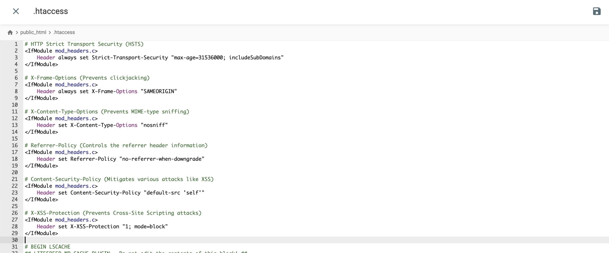 Example of editing the .htaccess file for adding security headers.