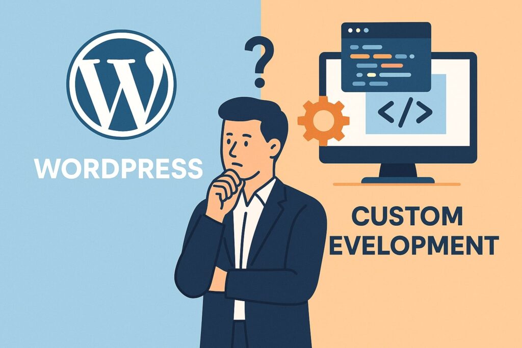 WordPress vs Custom Development decision illustration for small business budgets in 2025