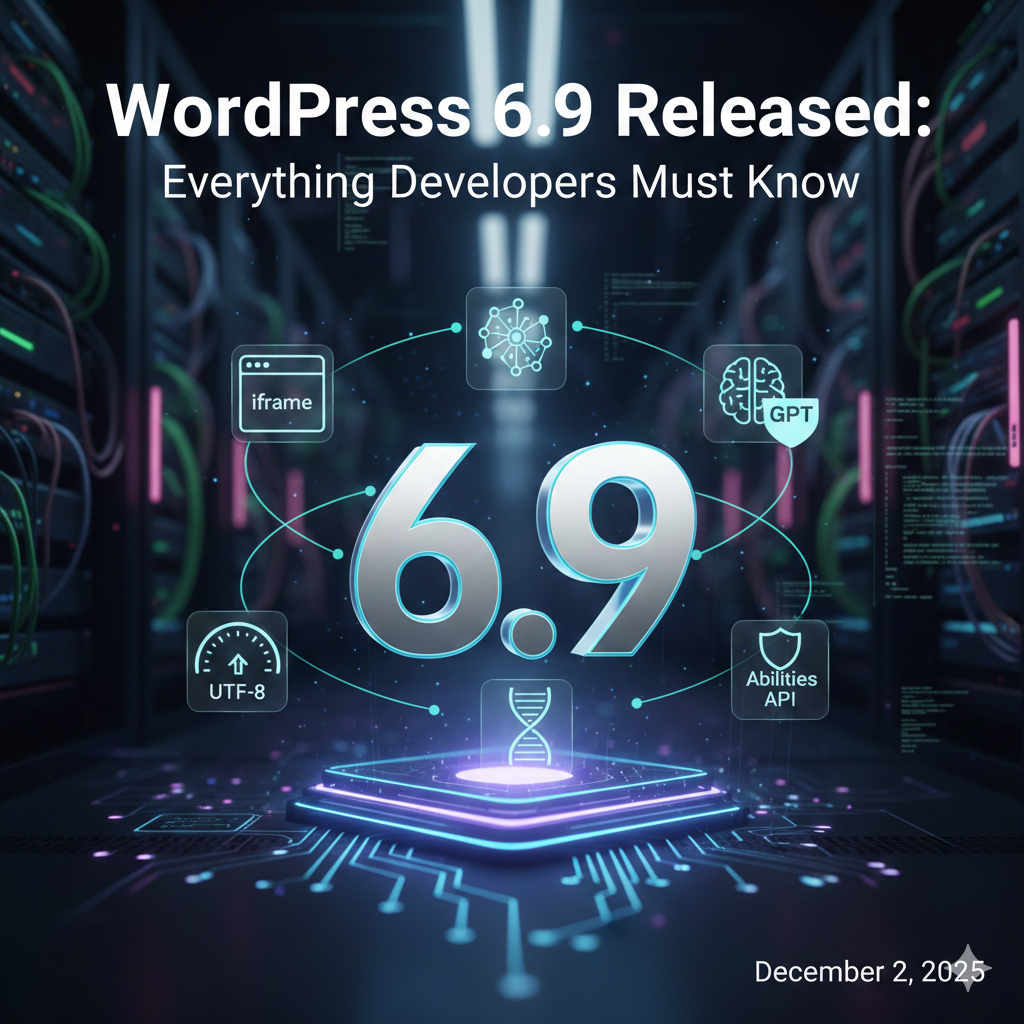 Featured image announcing the WordPress 6.9 release with WordPress logo and text stating Everything Developers Must Know on a blue gradient background